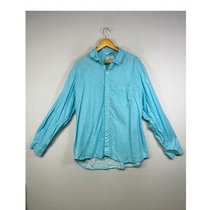 Coastal Beach 28 Palms Mens Large Turquoise Blue 100% Linen Relaxed Button Down